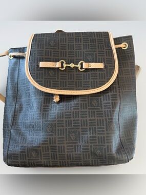 Anne Klein Brown Monogram Backpack Purse Gold Hardware Drawstring